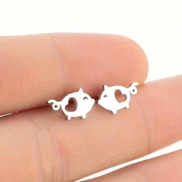 Little Pigs and Hearts Stainless Steel Stud Earrings #1211 - Picture 3 of 10